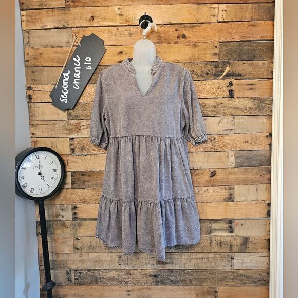 entro Dresses & Skirts - Entro Women's Gray Purple V-Neck Tiered Denim Mini Babydoll Dress Size L